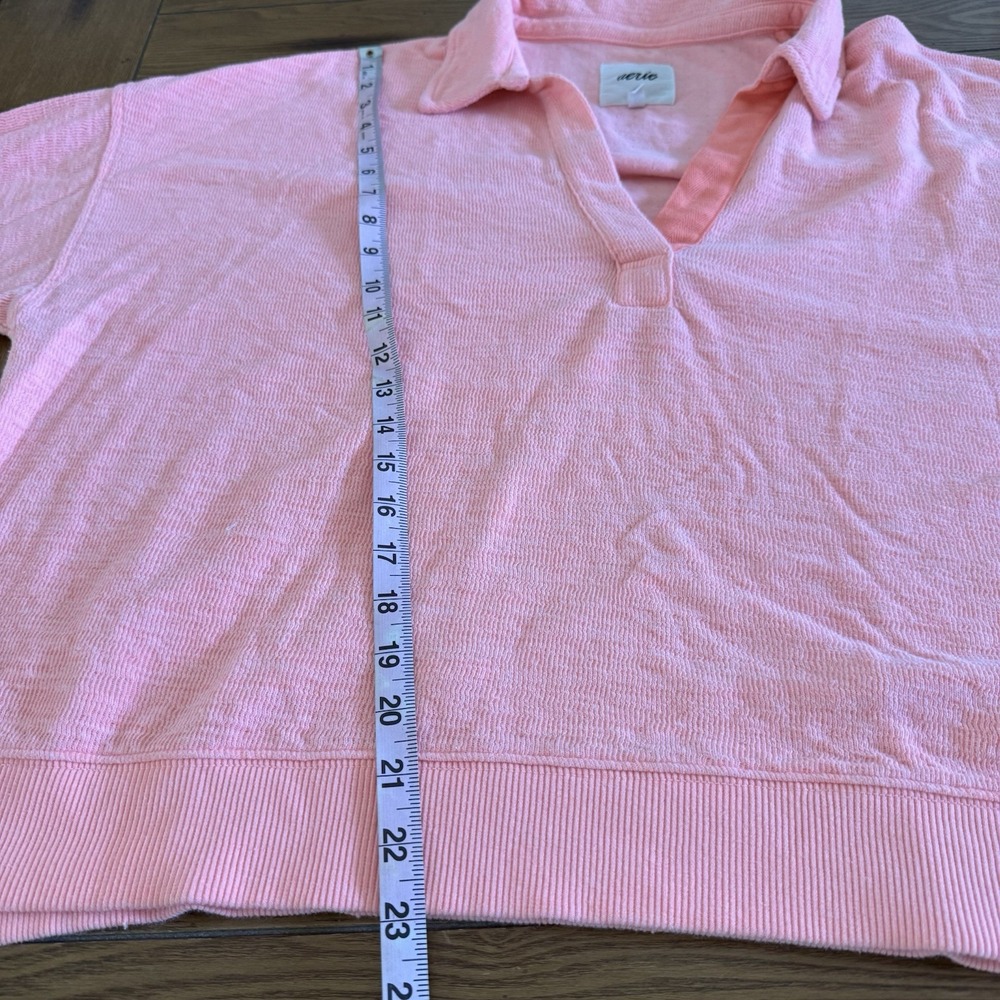 Aerie Polo Sweatshirt Women's L Coral Pink Slub Knit V-Neck Relaxed Athleisure - Picture 10 of 10